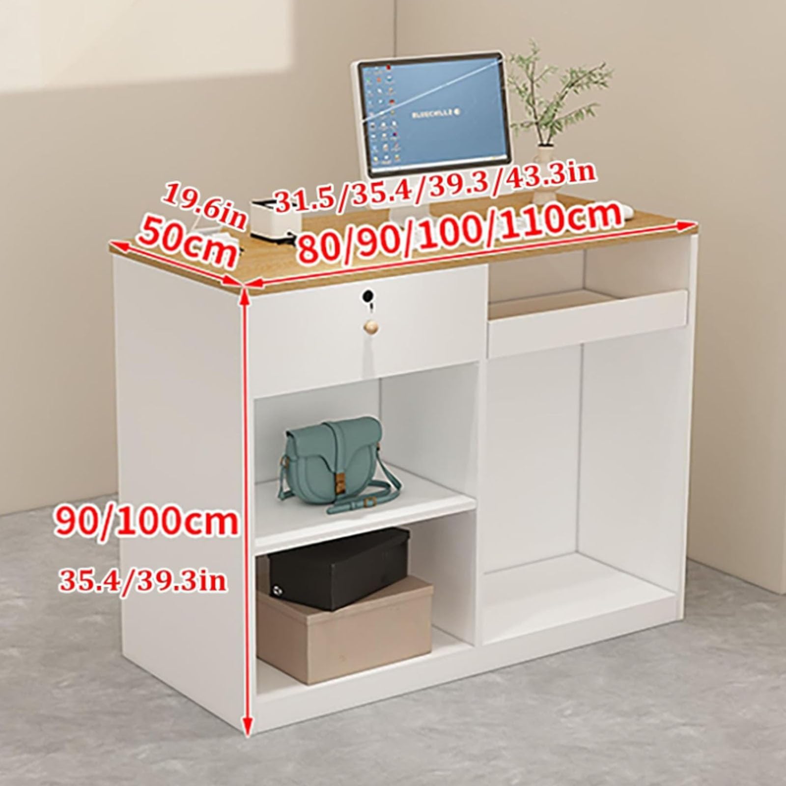 Stolik recepcyjny, licznik detaliczny z perforowaną tablicą, stolik do kasy z zamykaną szufladą, stół do recepcji, czarny, 110 cm