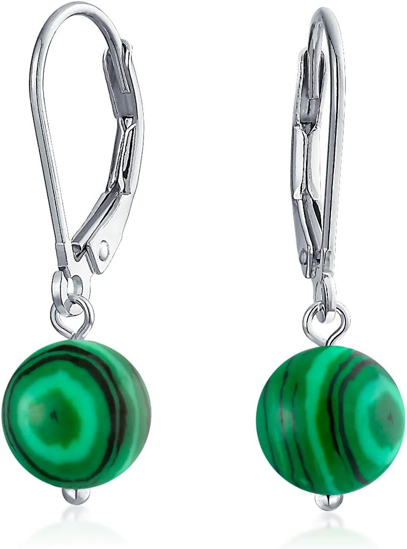 Simple Basic Gemstone Round 8MM Bead Ball Drop Dangle Earrings For Women Teen Secure Hinge Lever back .925 Sterling Silver Birthstones More Colors