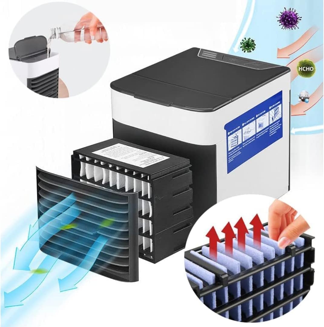 Aire Acondicionado Portátil | Climatizador Evaporativo Silencioso y Potente con 3 Niveles | Mini Air Cooler USB y Corriente | Bajo Consumo A+ para Dormitorio u Oficina U-KNV126