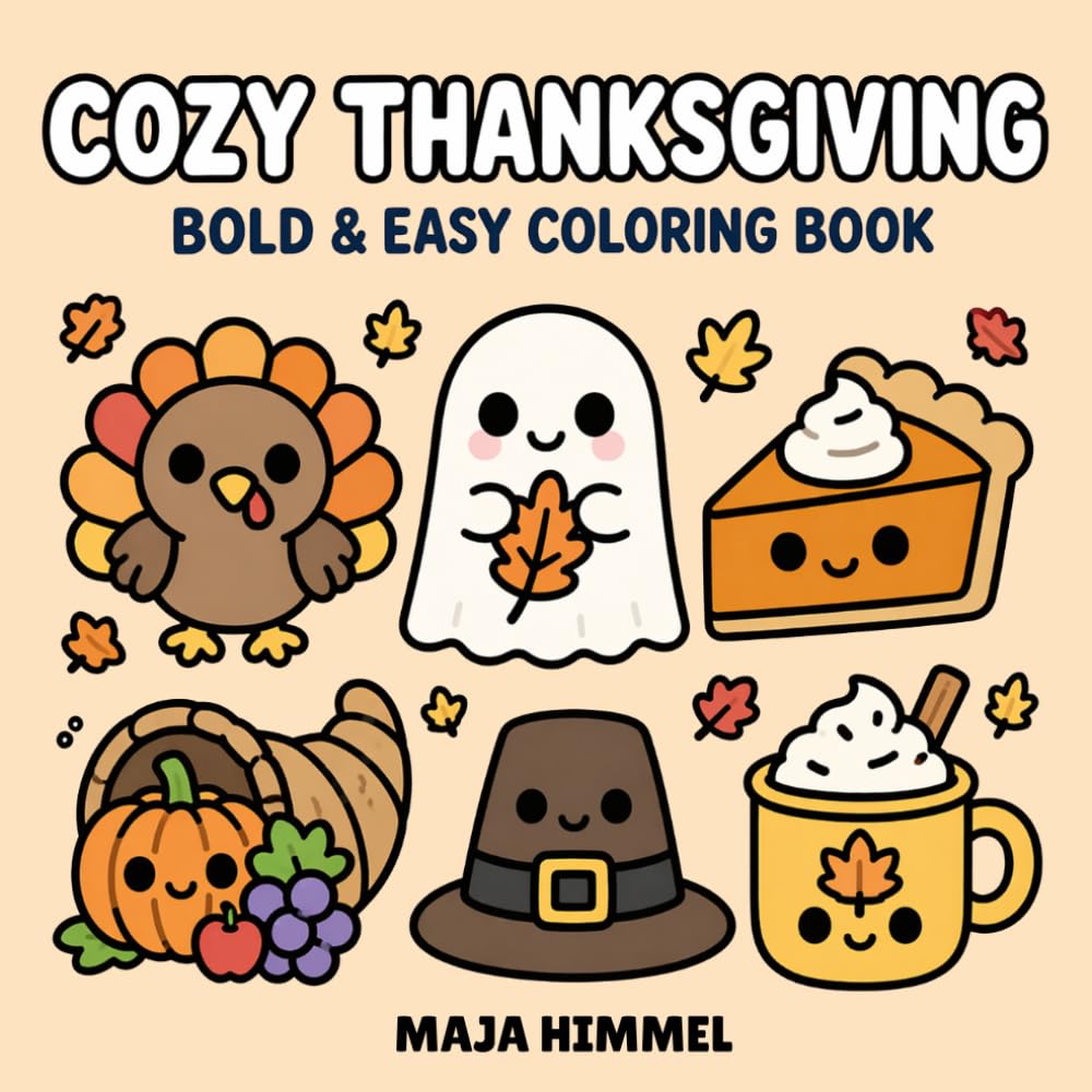 Cozy Thanksgiving: Bold & Easy Coloring Book for Kids & Adults: 40 Cute & Simple Fall Designs with Kawaii Pumpkins, Ghosts & More