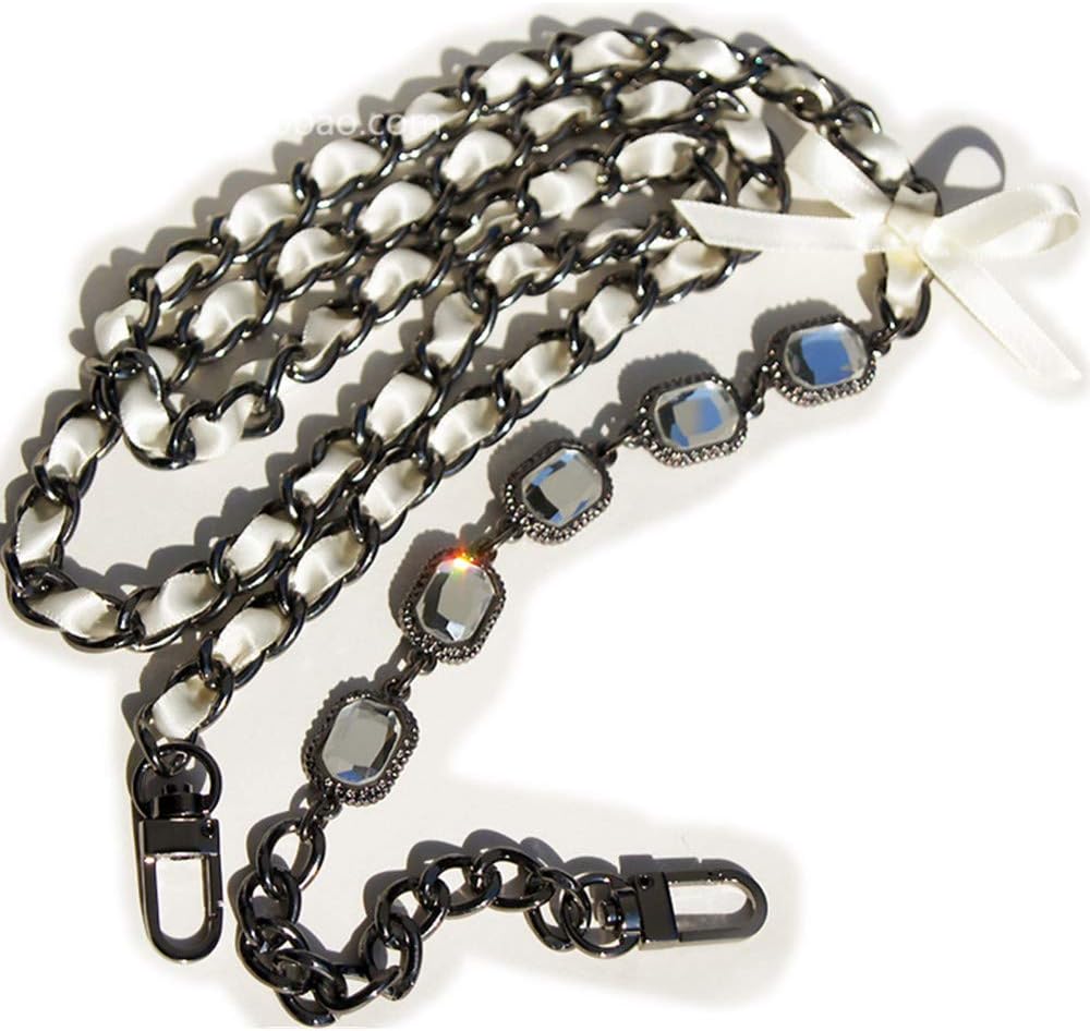 With silk ribbon Gemstone Purse Black Metal Chain Strap Replacement Handle Crossbody Shoulder Strap Handbag (length 43 inch, with white silk ribbon)