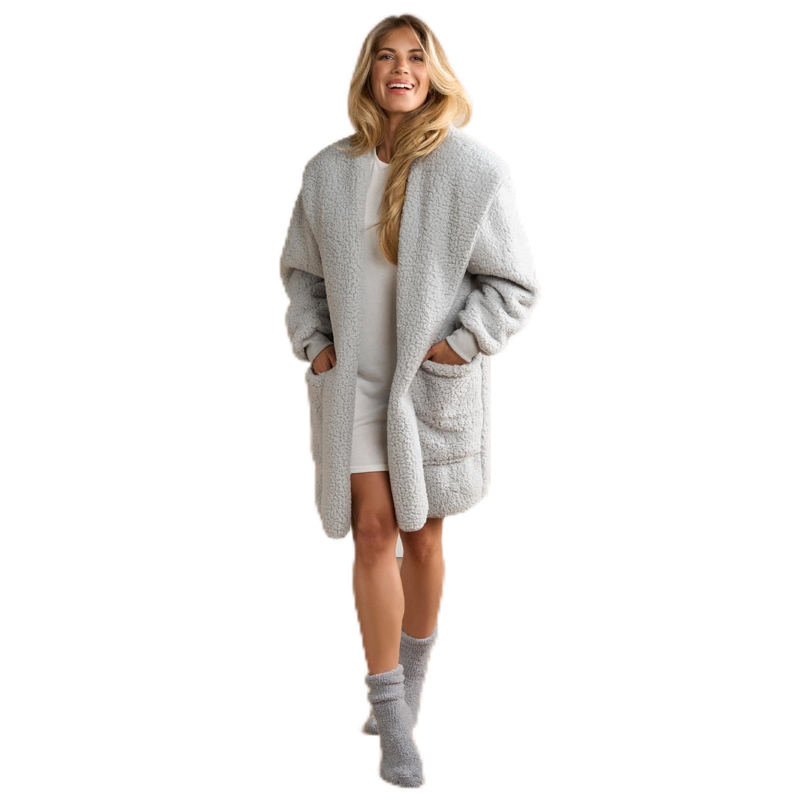Ohs Women's Grey Cardigan Teddy Fleece Waterfall Wrap Style Long Sleeve Ultra Soft Teddy Fleece Fabric Warm Cardigan Outwear Pockets Casual Wear Or Lounging, - L/Xl