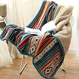 Qucover Flannel Blanket Boho Blue Stripe Reversible Sherpa Throw Blanket Large, Luxury Bohemian Plus