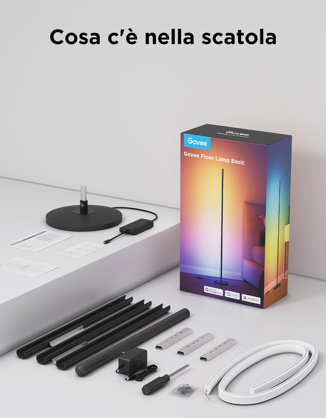 Govee Lampade da Terra LED RGBIC, Piantana Lampada da Terra Funziona con Alexa, Matter, APP, 16 Milioni di Colori Musica Sincronizzazione a Luce Calda per Soggiorno, Camera da Letto, Ufficio, Nero
