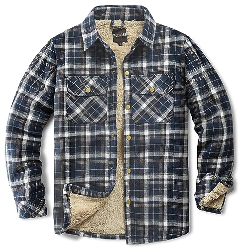 Puwasa Men's Flannel Jackets Side Pockets Fleece Lined Plaid Shirt Lightweight Cotton Button Up Winter Jacket for Men Blue Medium