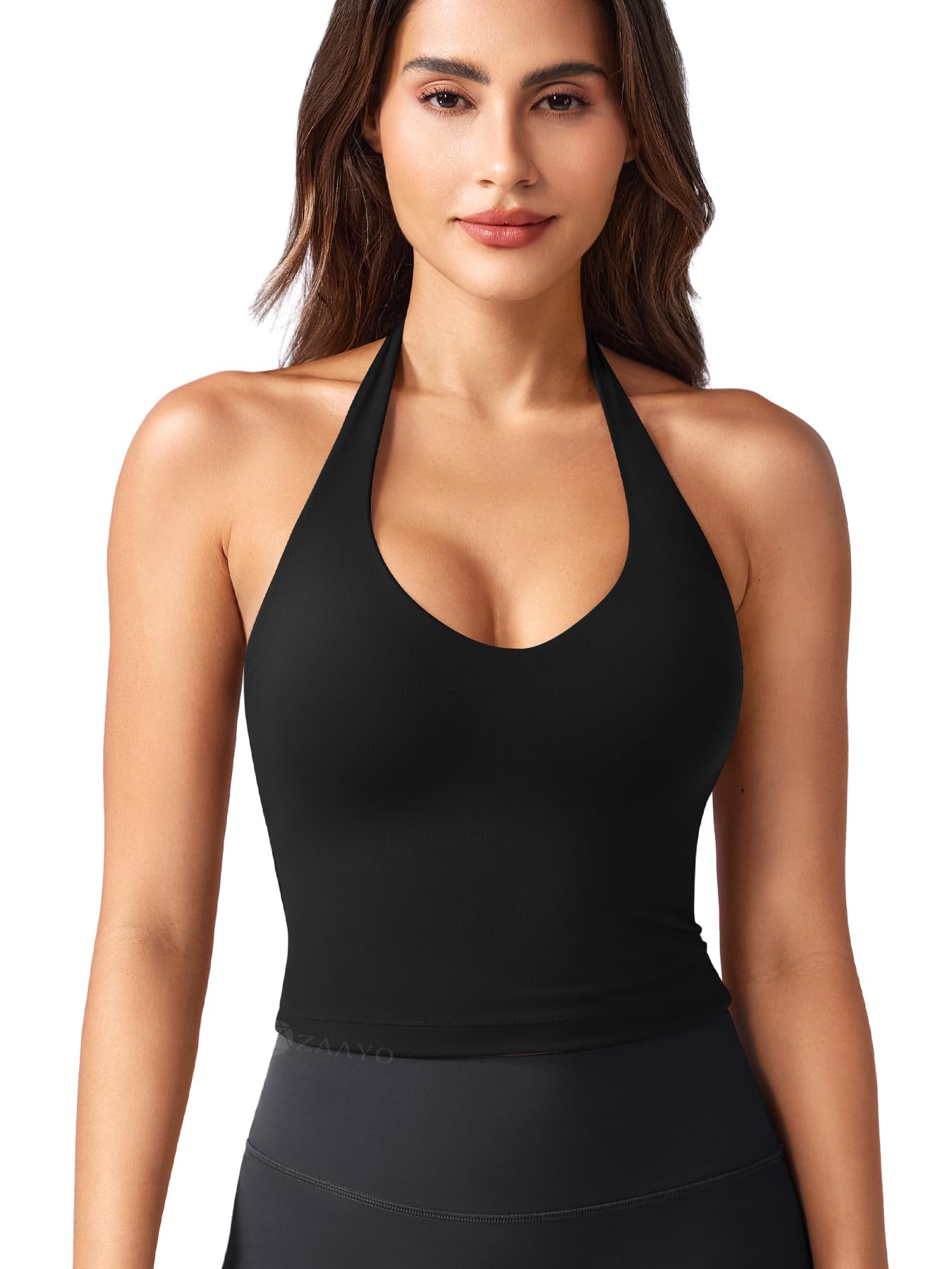 ZAAYO Halter Neckline Tank Top Damen Tiefer V Gepolsterte Crop Top Damen Sport Tops Sommer Basic Sexy Ãrmellose Sommer Oberteile
