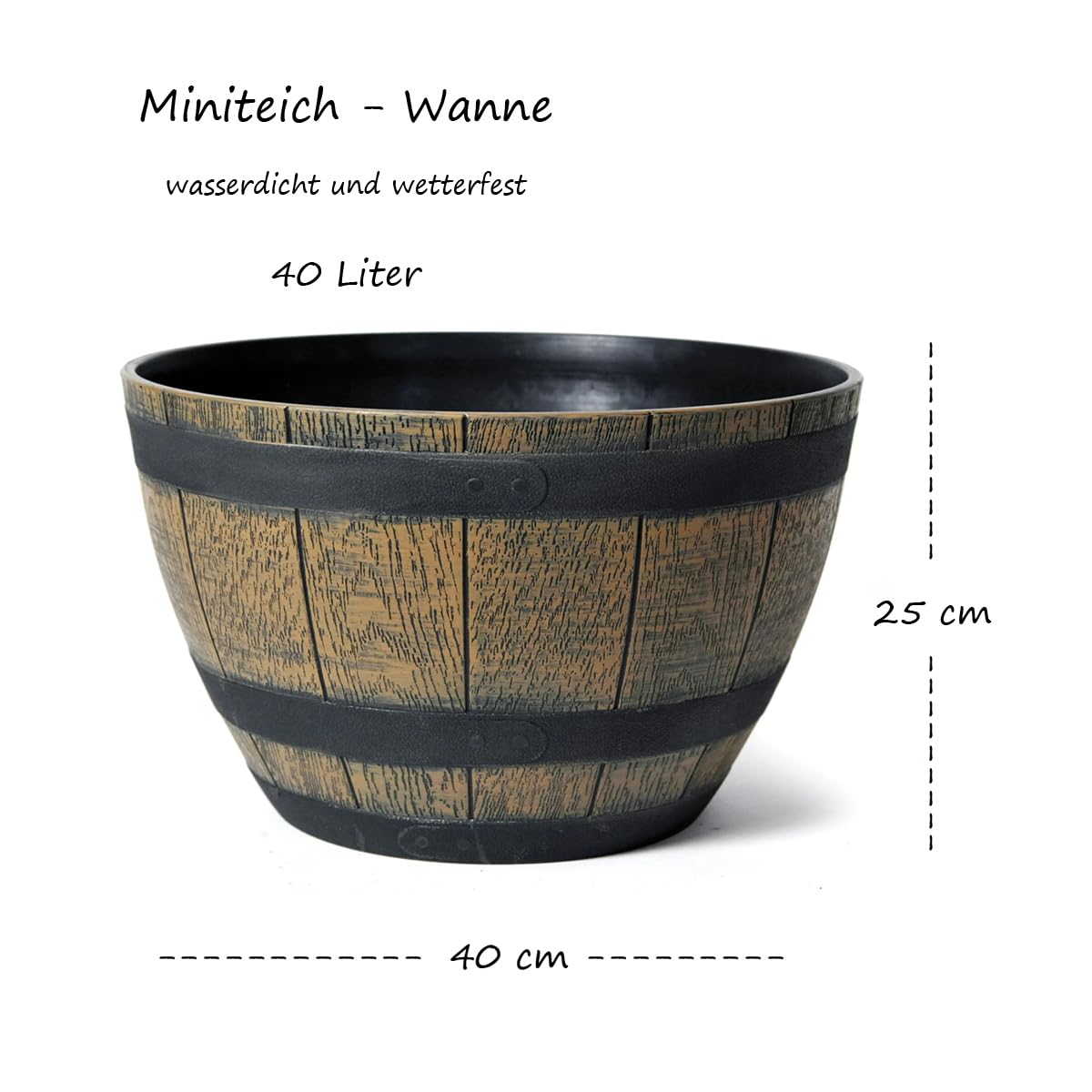 LB H&F Miniteich Wanne Schale Pflanschale groß - rund - wasserdicht 40cm sehr stabil - Kunststoff - 40 Liter - Pflanzkübel Garten Holzfass Weinfass Eichenfass (Rund Fass)