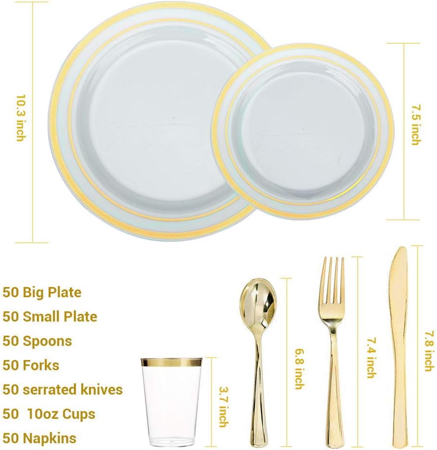 AIDEA 350 Pieces Disposable Dinnerware Set 50 Guests -100 Gold Rim Plastic Plates -150 Gold Plastic Silverware-50 Gold Plastic cups-50 Linen Like Gold Paper Napkins,for Wedding Party.