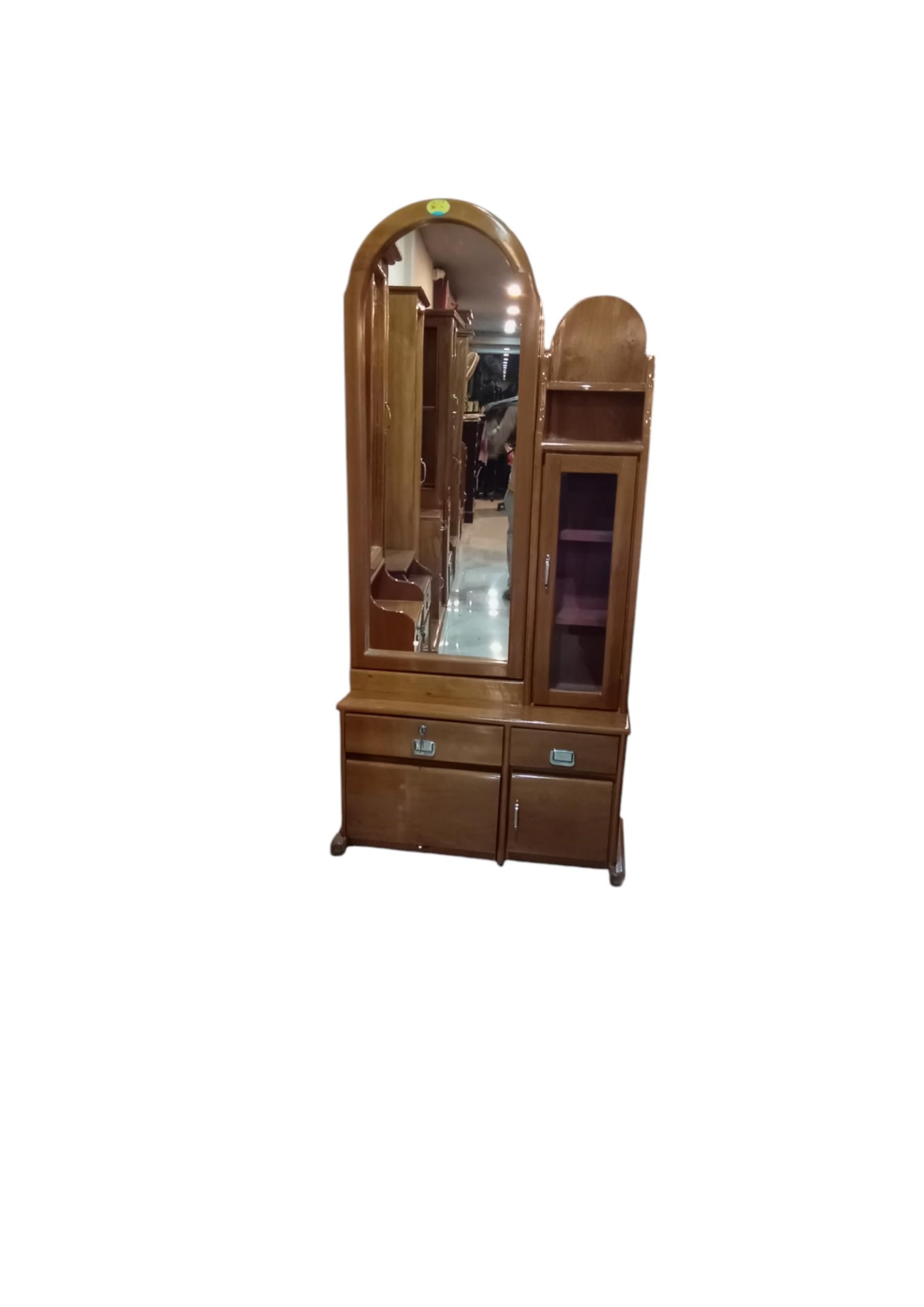 Wooden Dressing Table with Mirror, Arched Design, Storage Cabinet, 2 Drawers, Brown-image-11