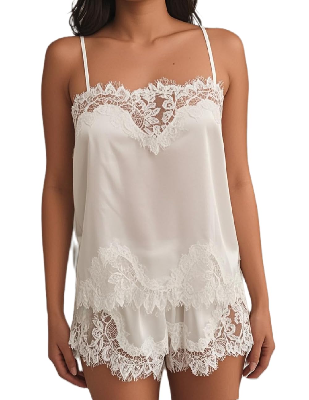 Women Sexy 2 Piece Pajama Set Lace Trim Satin Cami Top and Silky Pj Shorts Coquette Lounge Outfits Sleepwear