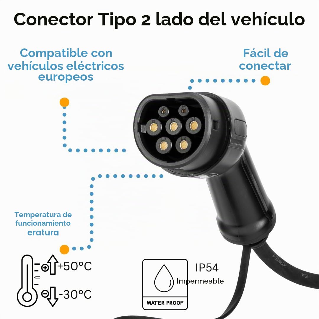 Cable de carga en espiral | Tipo 2 – 22 kW, 32 A, 3 fases, 3 m, para coches eléctricos, cable robusto de 3 m, IP54, certificado CE y TUV, para coches eléctricos tipo 2 en Europa