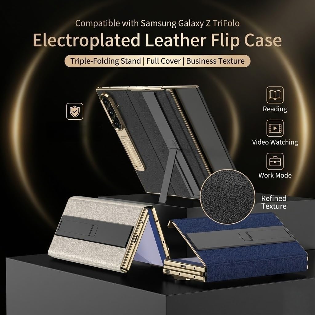 Case for Samsung Galaxy Z Trifold, Electroplated Leather Full-Cover Flip Cover with Magnetic Hinge Guard, Built-in Screen Protector, Dual-Folding Stand, Business Texture(Black)