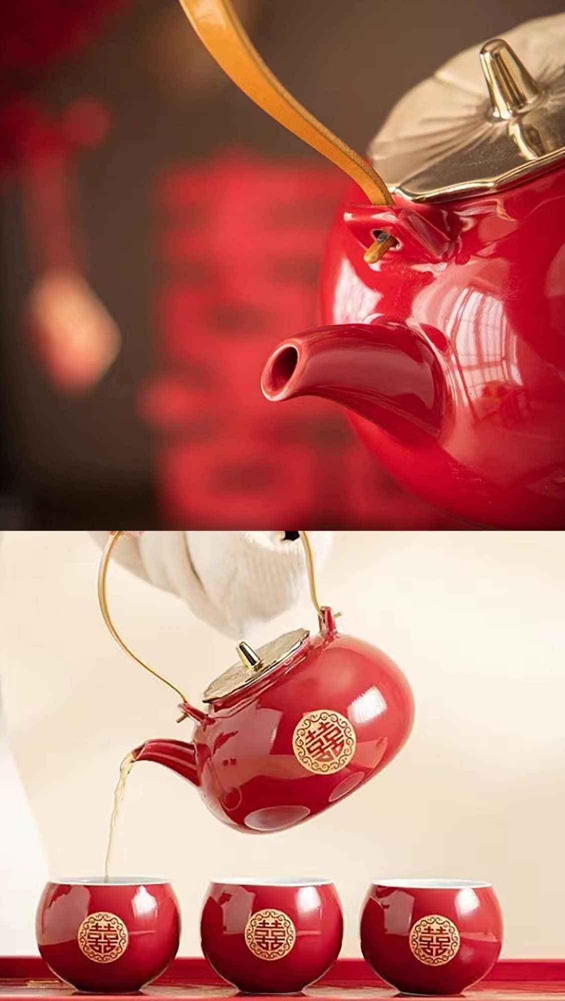 Chinese Kung Fu Tea Set Teapot Double Happiness Porcelain Red Wedding Tea Set Teapot, Chinese Traditional Wedding Decoration Supplies, Creative Ceramics Tea Service Set