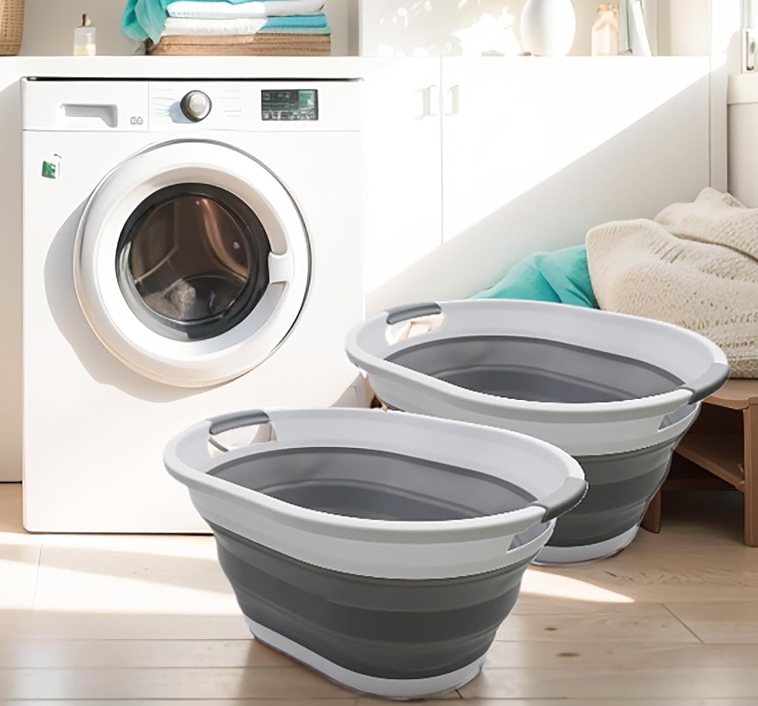 SAMMART 32L (8.4 Gallon) Collapsible Plastic Laundry Basket - Foldable Pop Up Storage Container/Organizer - Portable Washing Tub - Space Saving Hamper/Basket, Water Capacity: 24L (2, White/Grey)