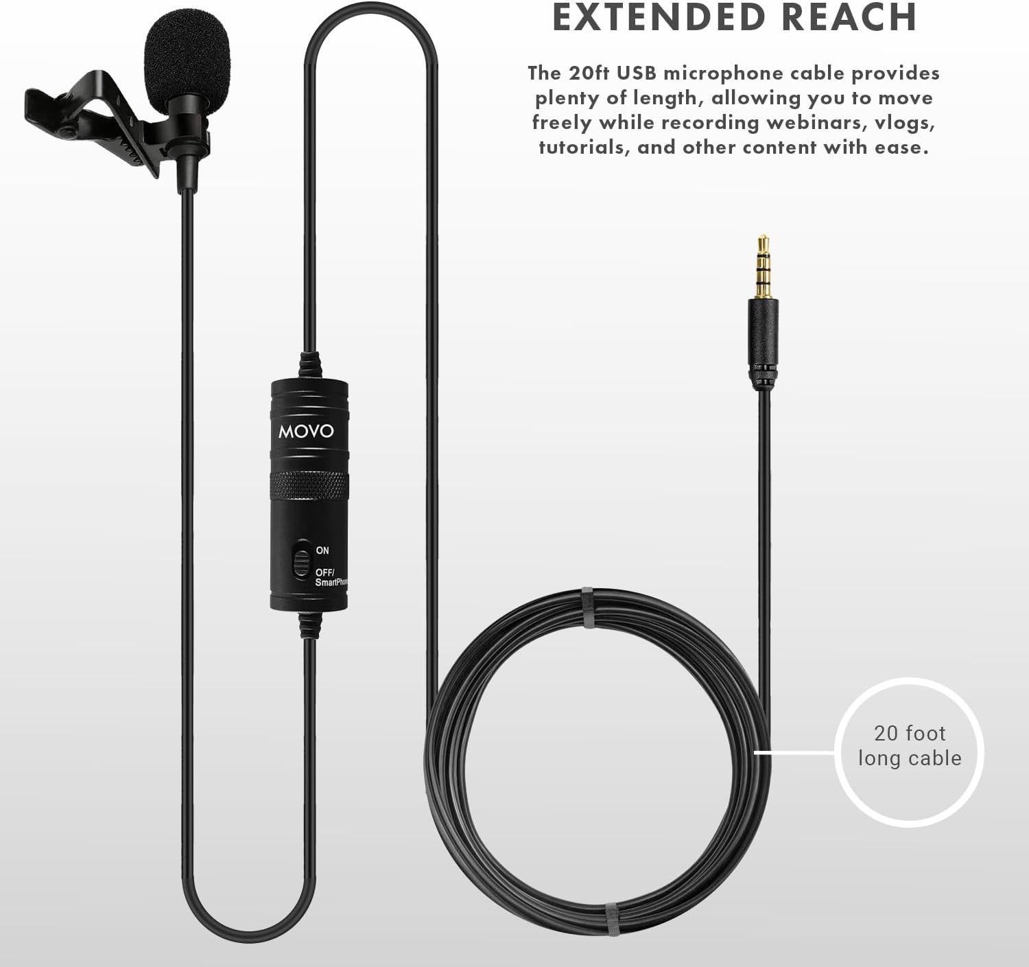 Movo Universal Lavalier USB Microphone for Computer with USB adapter compatible with Laptop, Desktop, PC and Mac, Smartphones, Cameras, Podcasting, Remote Work and Laptop Microphone (20-Foot Cord)