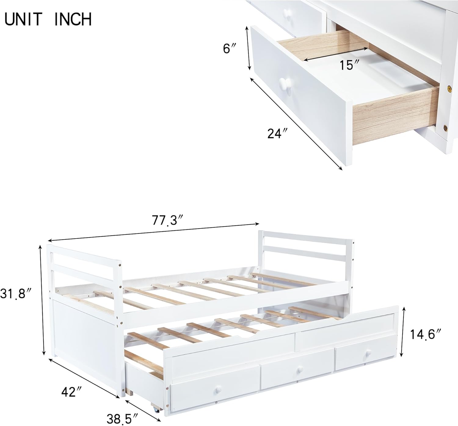 LUMISOL Twin Bed with Trundle and Storage Drawers, showing overall dimensions.