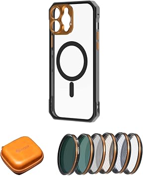 Aluminum Alloy iPhone 14 Pro Case, 6pcs 58mm Filter Lens Kit with CPL, ND2-6, Black Mist, Gold Streak, Blue Streak and Star Flare Filters for iPhone 14 All Models, with Magnetic Filter Adapter
