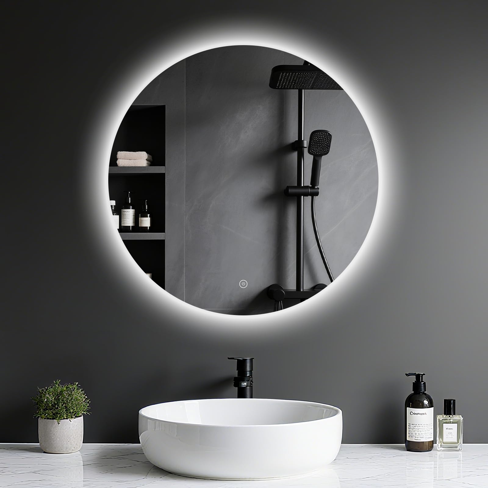 Round Bathroom Mirror with LED Lights : Illuminated Wall Mounted Smart Mirror with Touch Sensor, 3 Colors Dimmable, Memory Function IP44 LED-Bathroom-Mirror 500mm
