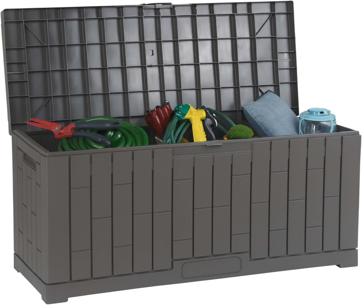 PRADICHI Outdoor Storage Box Waterproof – Heavy Duty Garden Deck Box for Patio Cushions, Tools, Toys, Logs & Coal – Lockable Resin Chest Container Bin for Outside, Garage & Pool (60 Gallon)
