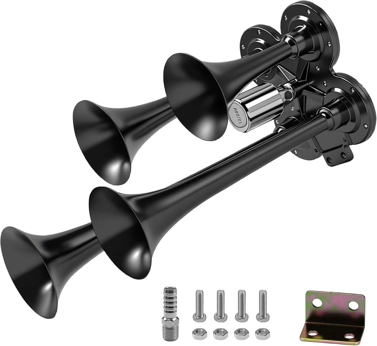 4 Trumpet Train Horn Kit - 180dB Super Loud Air Horn for Trucks, Compatible with 12V/24V Pickups, SUVs, Motorhomes, Boats (4-Trumpet Black, Heavy Duty Zinc Alloy)