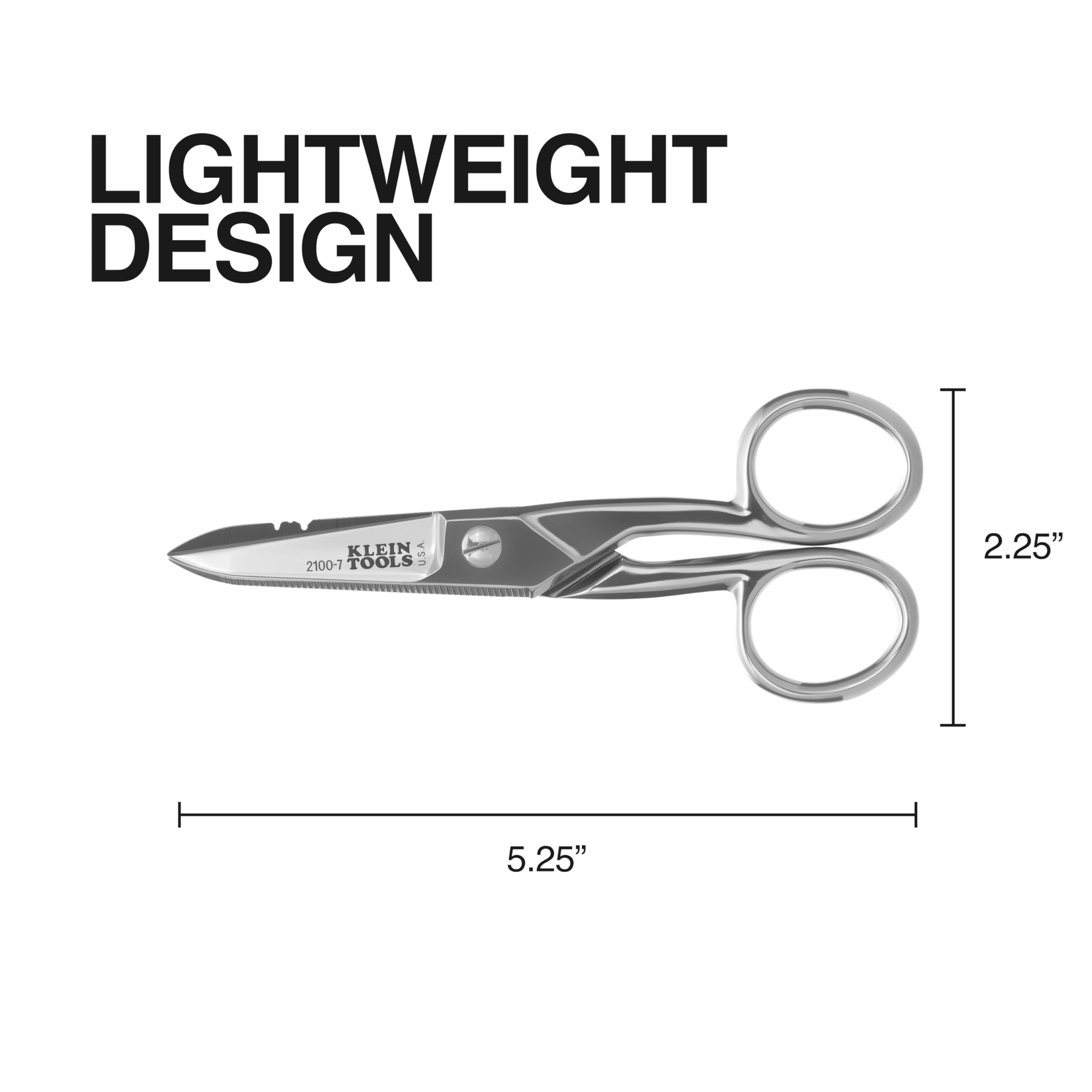 Klein Tools 2100-7 | Tijeras de electricista niqueladas | Muescas 0,91 y 0,26 mm² | Hoja dentada | Rascador y lima integrados | Acero resistente | 13,3 cm