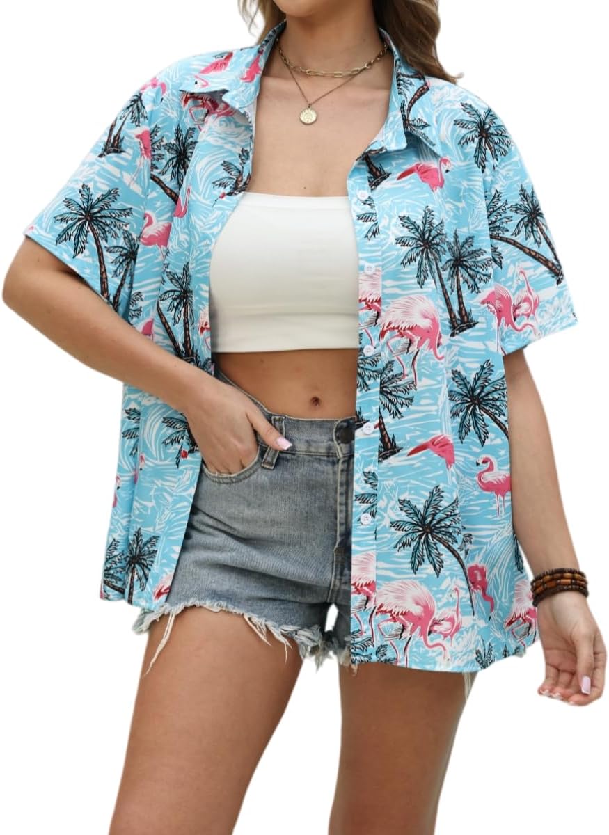 Women Summer Hawaii Shirts Soft Cool Floral Tropic Print Short Sleeve Button Up Tops T-Shirt Blue