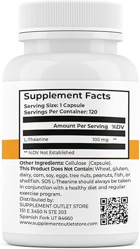 Vista 3 de SOS L-teanina, suplemento de enfoque de apoyo cerebral, 100 mg, 120