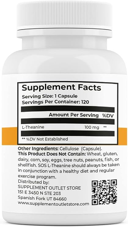 SOS L-Theanine, Brain Support Focus Supplement, 100mg, 120 Count