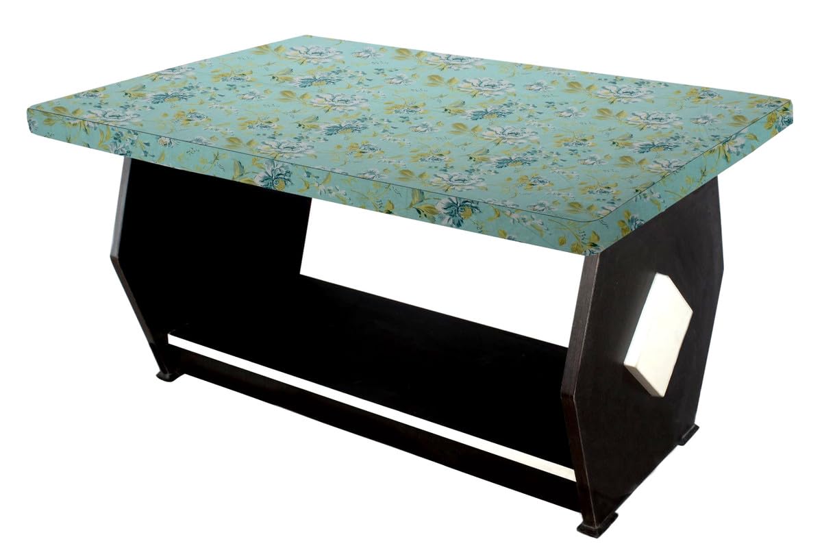 Stylista Elastic Cotton Rectangular Center Table Cover ( WxL 24x36 ) in Inches - Floral Golden Leaf on Blue Base-image-23