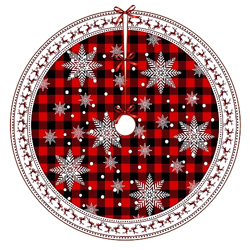ARTXZDZ Christmas Tree Skirt 60 inch - White Snowflake Xmas Tree Ornaments - Soft Plush Red and Black Plaid Tree Skirt - Perfect Holiday Decor for Festive Celebrations