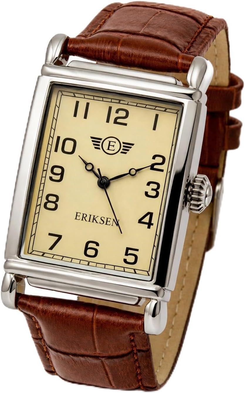 Mens Retro Rectangular Dress Watch, Silver-Tone Case, Brown Leather Strap, Japanese Quartz Analog Movement