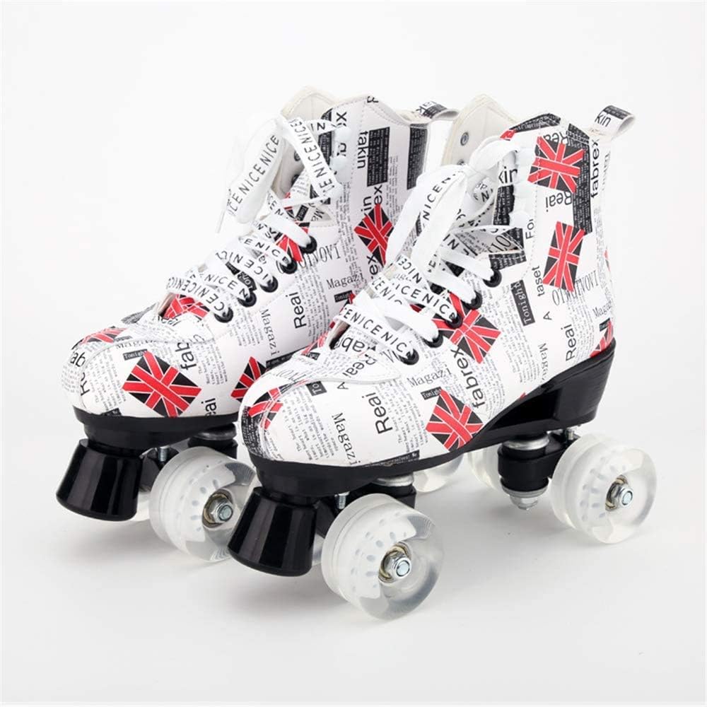 Classic Roller Skates, Quad Roller Skates for Women and Mens, Double Row Skates, Light Up 4 Wheels Rollerskates, for Indoor Outdoor,White Wheel-UK 3/EU 35