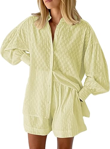 Miniatura 2 de Fixmatti 2 Piece Outfits Long Sleeve Button Down Shirt and Shorts Sweatsuit Lounge Sets