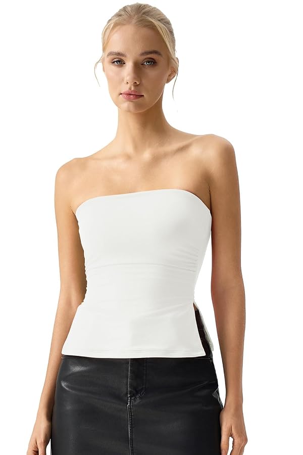 QINSEN Tube Tops for Women Strapless Backless Going Out Bandeau Top Off Shoulder Side Split Summer Trendy Tank Top White L by QINSEN - Used condition - US$8.99