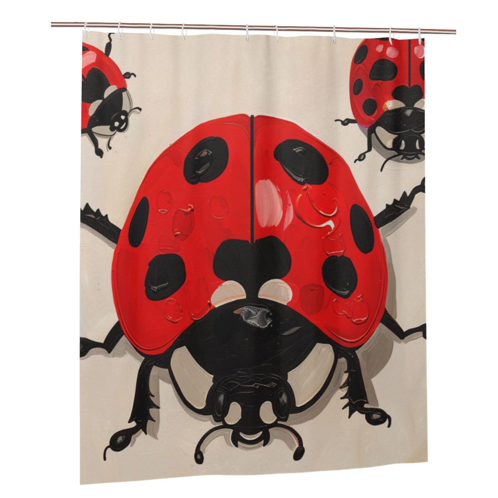 BWWHCCTI Ladybug Print Printed Shower Curtain With 12 Plastic Hooks Opaque Quick Drying Waterproof Shower Curtains Sets For Bathroom 152x183 Cm
