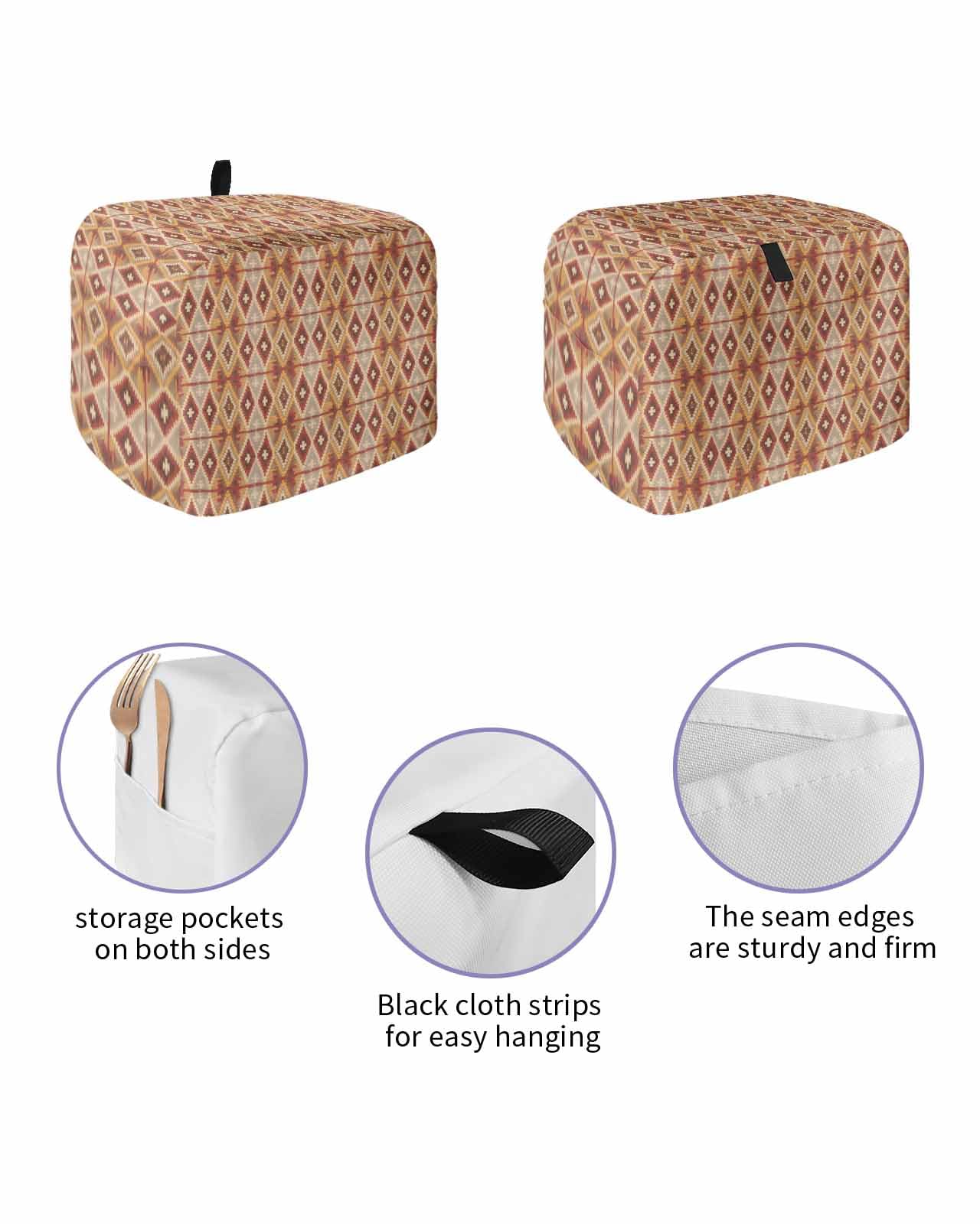 Orange Geometric Toaster Cover 2 Slice, Modern Southwestern Vintage Dustproof Bread Machine Oven Cover with Storage Pockets, Fits Most Kitchen Toasters Protector