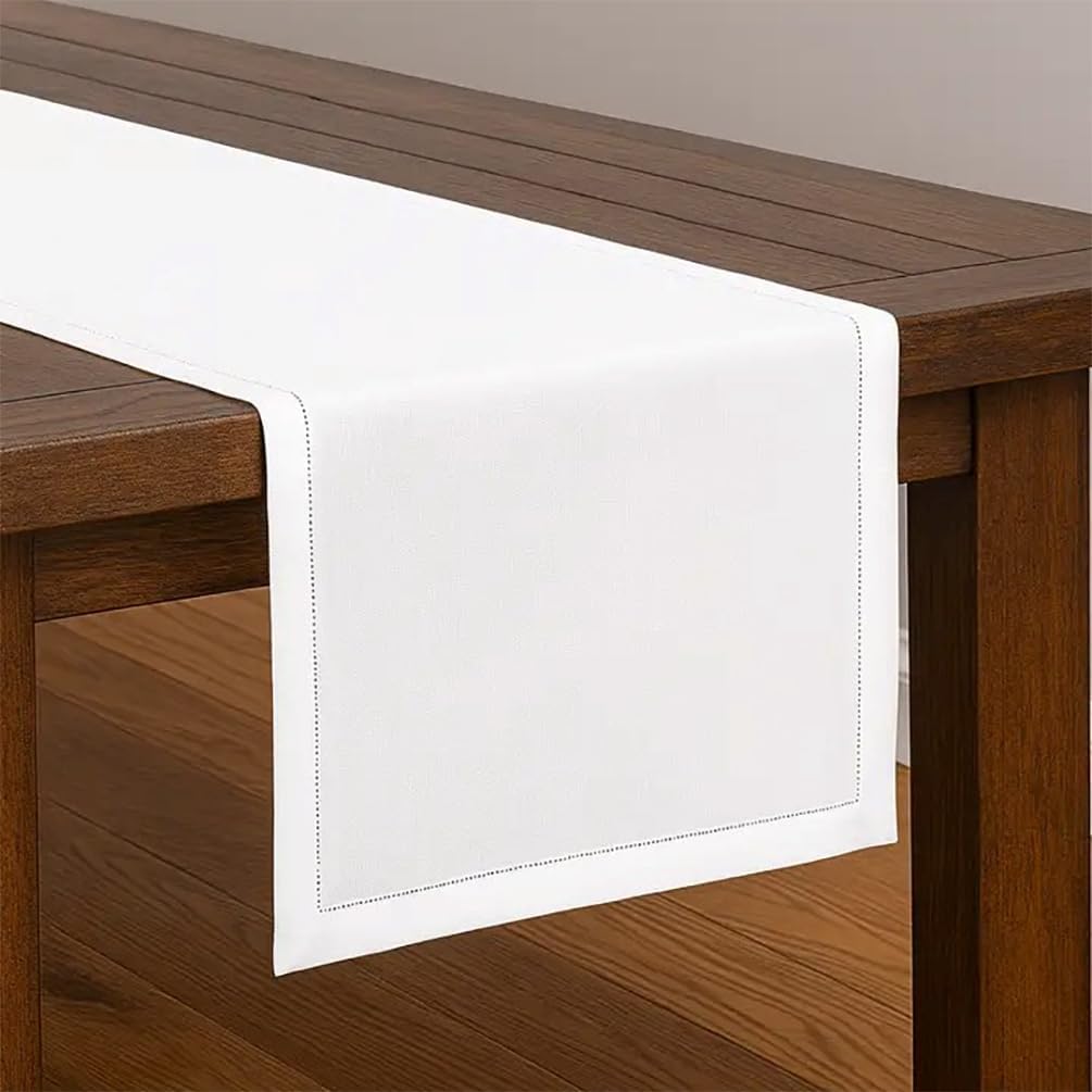 Fennco Styles Basic Collection Classic Handmade Hemstitch Trim Border 100% Pure Linen 16 x 120 Inch Table Runner - White Table Runner for Wedding, Banquet, Special Events and Home Décor