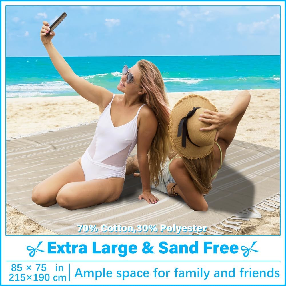 Oversized Turkish Beach Towel Blanket XXL Cotton Sandproof Towels Boho Woven Extra Large Big Sand Free Giant Throw Blankets Huge Quilt XL Picnic Camping Necessities Cloud For Adult Gifts Beige - Image 2