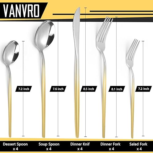 Miniatura 32 de Mirror Silver - Juego de cubiertos multicolor de acero inoxidable de 20 piezas, acabado satinado, servicio para 4, hogar y restaurante, apto