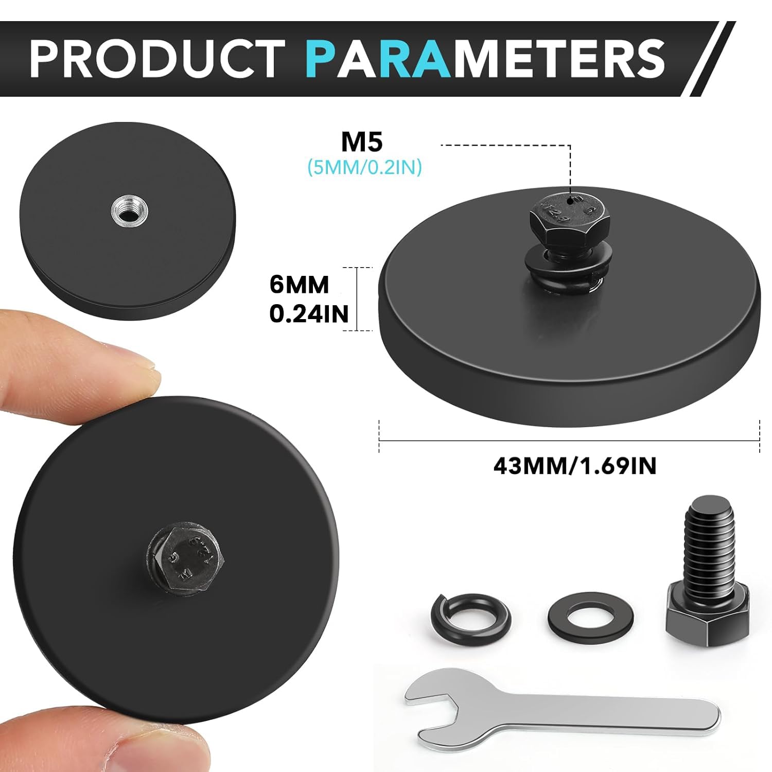 DIYMAG 20 imanes de montaje antiarañazos con revestimiento de goma, base magnética de neodimio fuerte de 30 libras con pernos roscados M5 y llave hexagonal pequeña para barra de luz, espejo