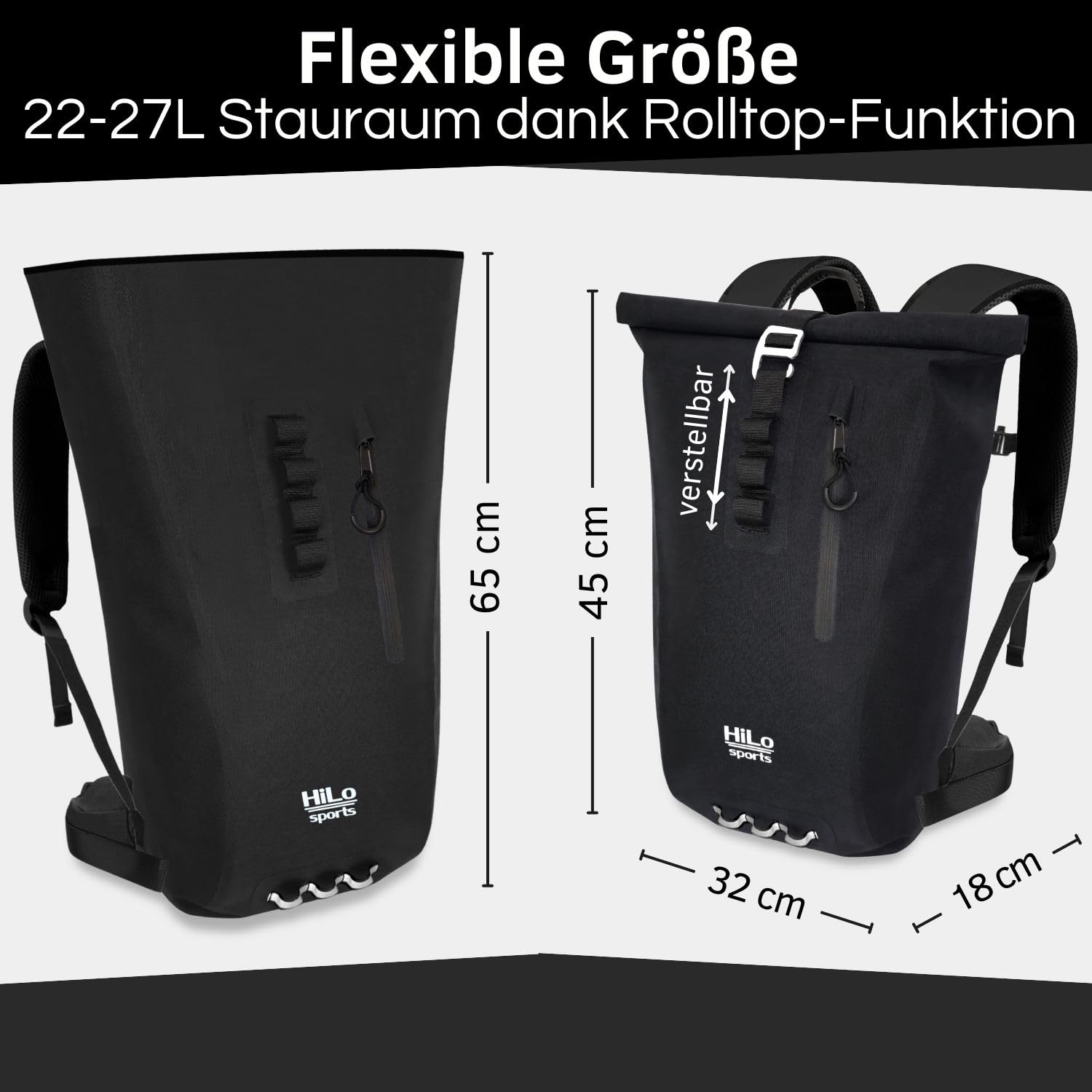 HiLo sports 25 Liter Rolltop Rucksack wasserdicht - Urban 25 Kurierrucksack - Rucksack für Damen und Herren - Für Büro, Arbeit, Freizeit & Fahrrad