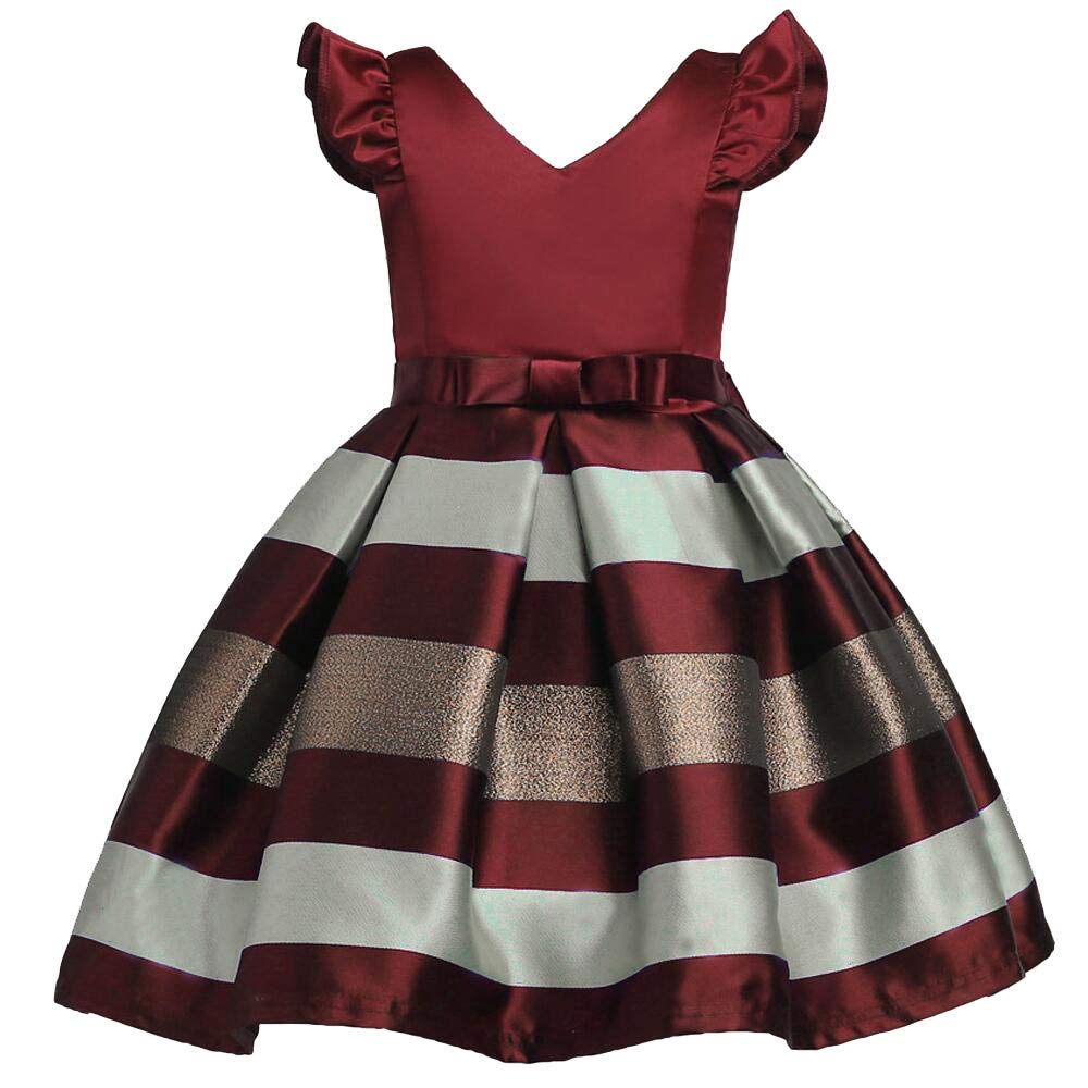 Cichic Girls Party Dress Flower Girls Dress Wedding Elegant Kids Stripe Puffy Sleeve Formal Dress (7-8 Years, Red Ruffles)