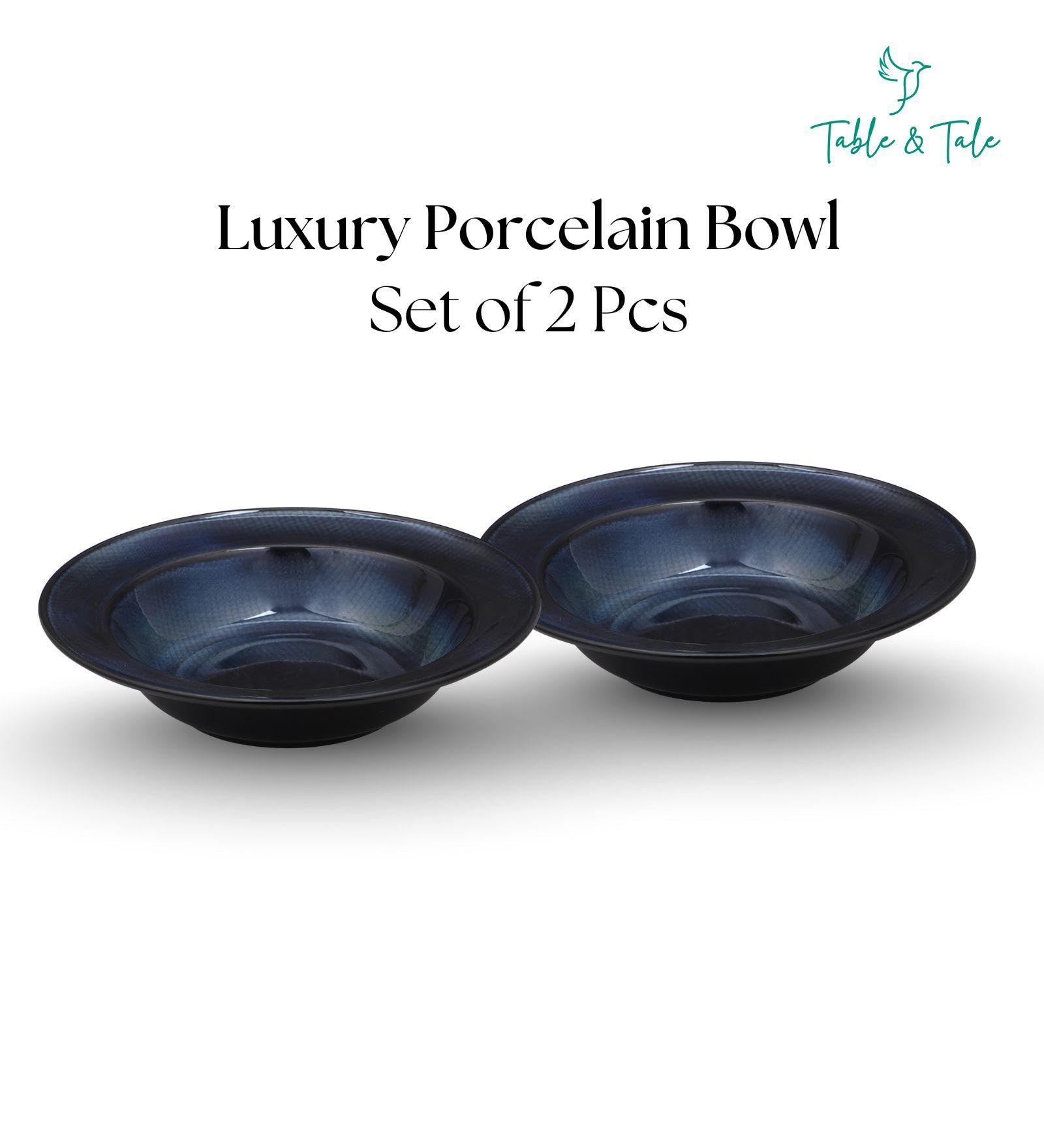 Table & Tale Premium Porcelain Deep Plate with Elegant Blue Pattern | Scratch & Chip Resistant | Made in Sri Lanka | Ideal for Soups, Pasta & Curries | Microwave & Dishwasher Safe |Set of 2 2