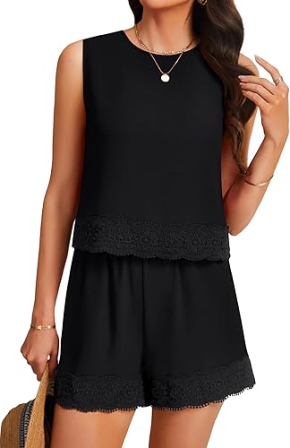 LYANER Women's 2 Piece Outfits Lace Trim Round Neck Top and Elastic Waist Shorts