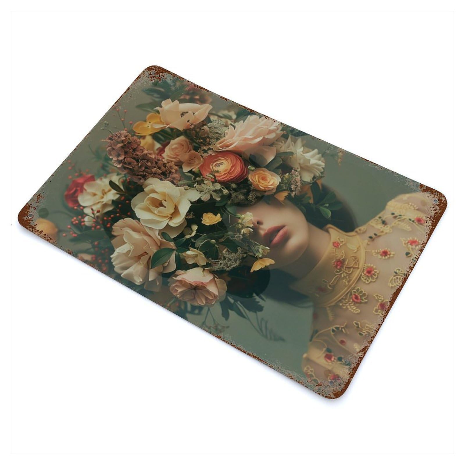 Rust Effect Pastel Flowers Woman Art Distressed Metal Wall Sign 11.8"x7.9", Farmhouse Wall Decor for Office, Studio And Wall Decor