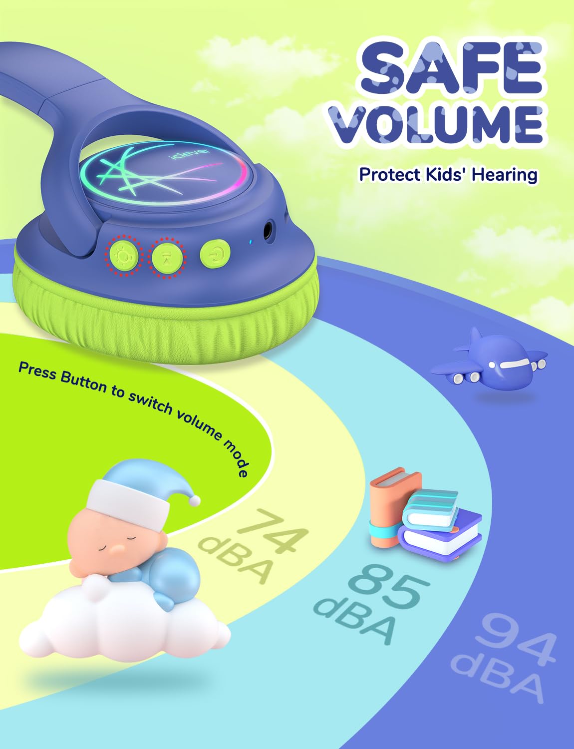 iClever Kids Bluetooth Headphones with LED Lights, BTH18 Safe Volume 74/85dBA, 43H Playtime - Image 2