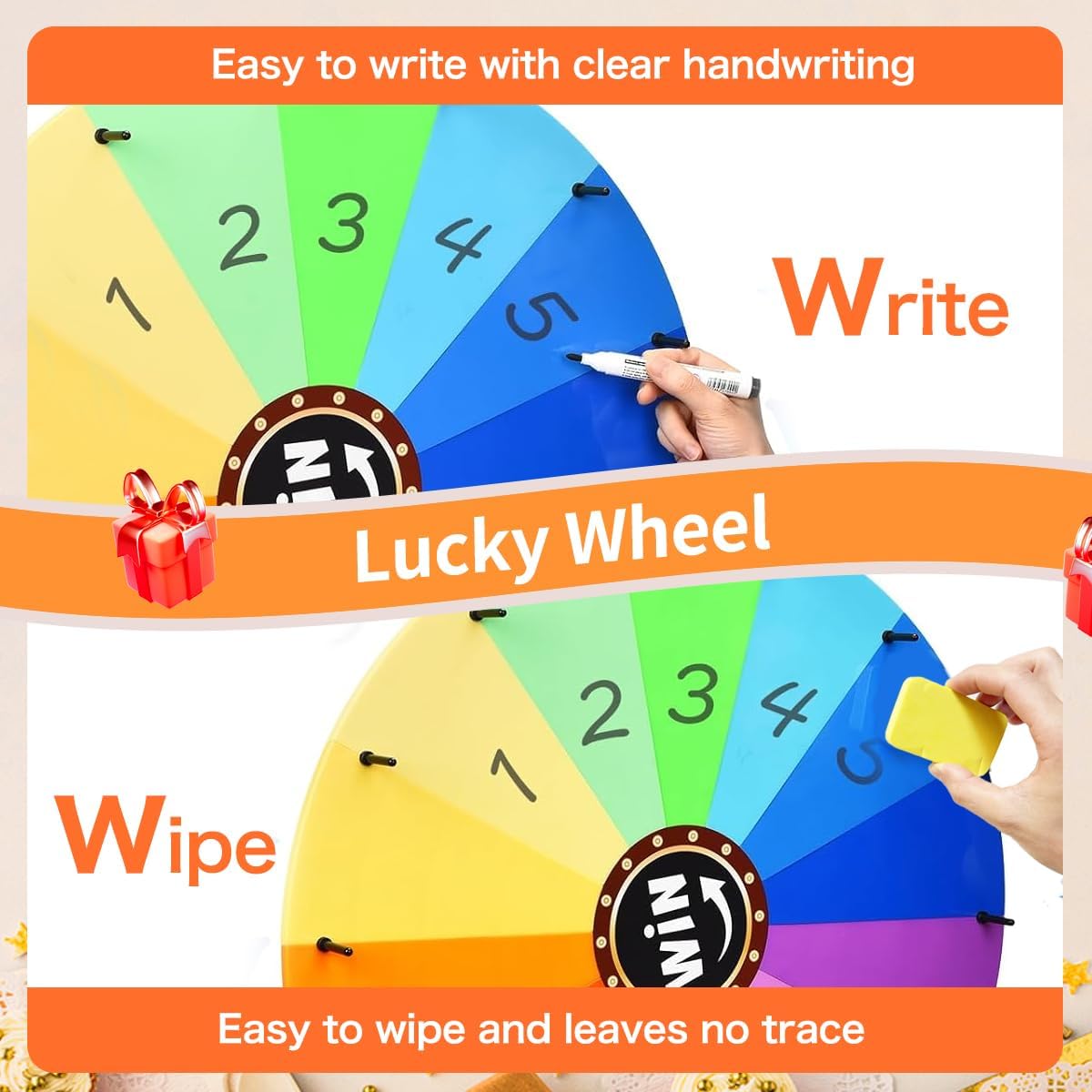 24-inch Spinning Prize Wheel with Height Adjustable Floor Stand，14 Slots Color Prize Wheel with Dry Eraser & Marker Pen for Spinning Fortune Game