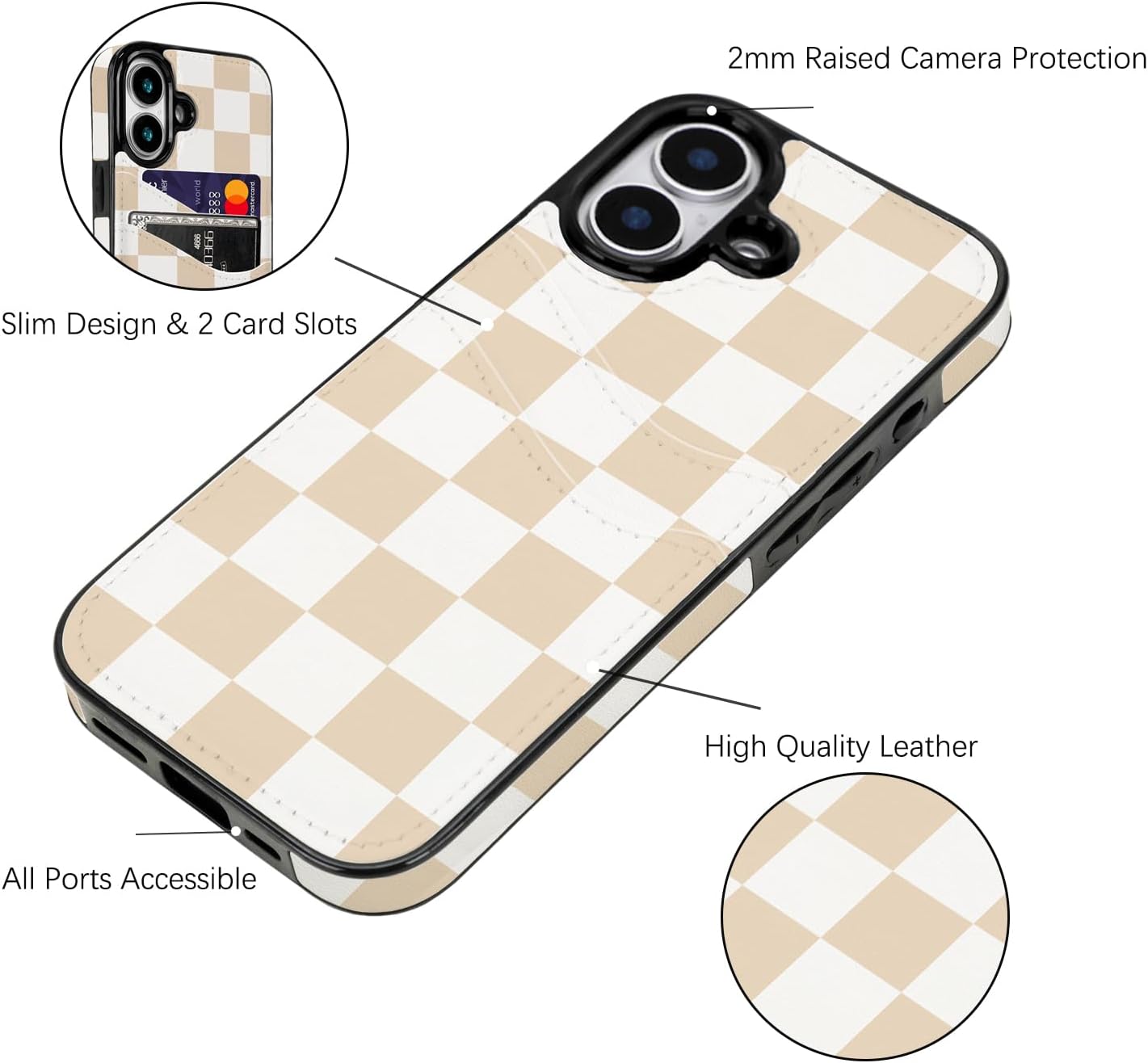for iPhone 16 6.1 inch Case with Card Holder Soft Leather Wallet Case Protective Shockproof Hard Cover for Women Man (Checkerboard, iPhone 16 6.1 inch) - Image 3