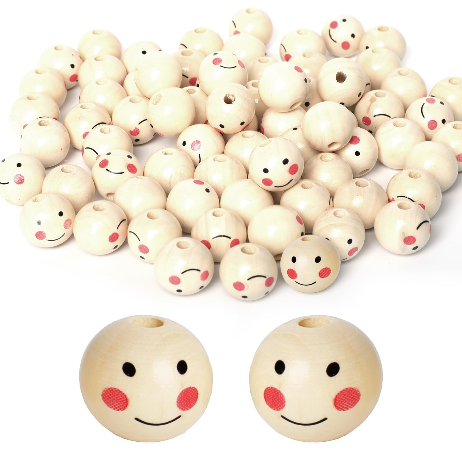 40Pcs 20mm Smile Face Wooden Beads with Pre-Drilled Holes, Round Craft Beads for Kids DIY, Jewelry Making & Christmas Angel Decorations