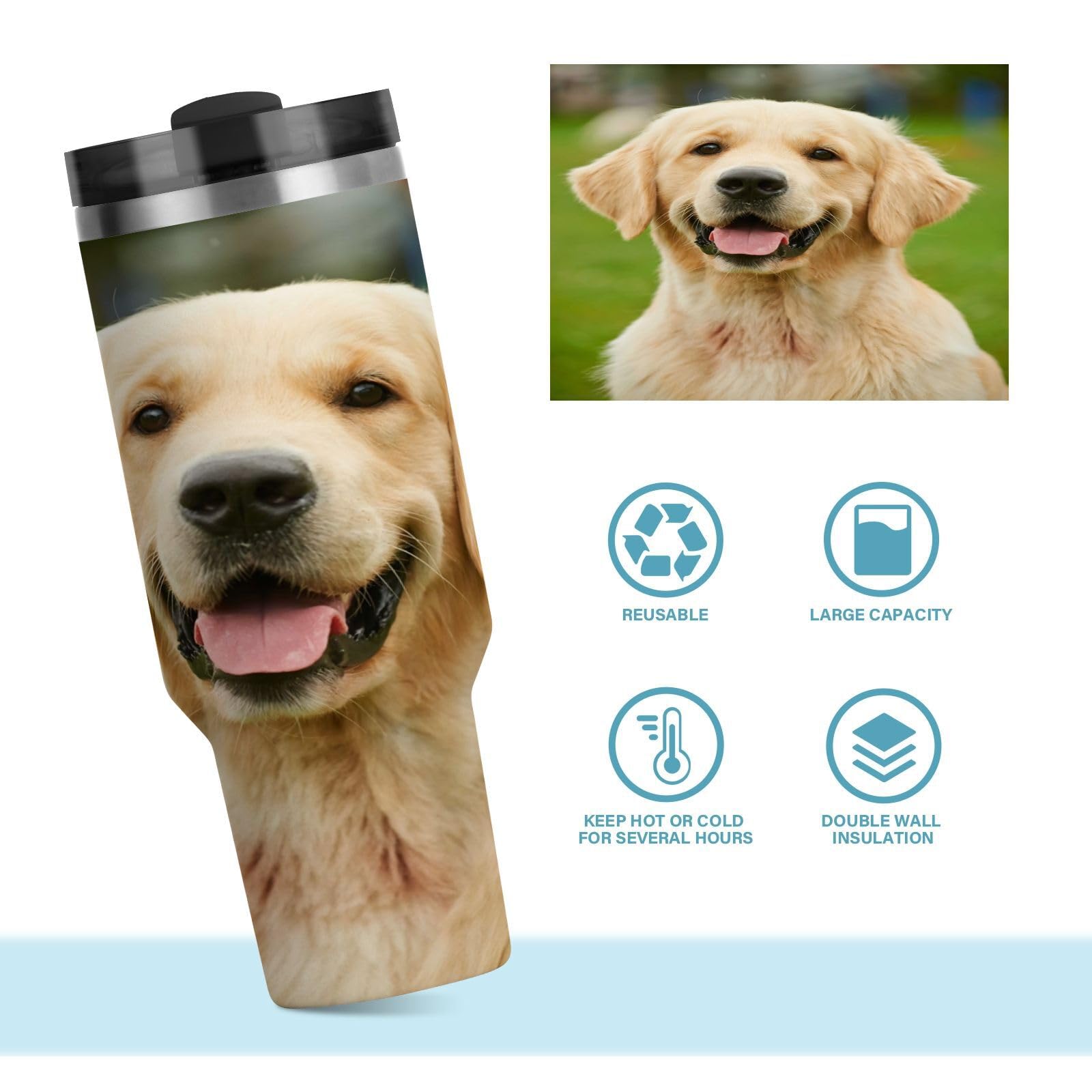 Isolierter Trinkbecher, niedlicher Golden Retriever-Hund, doppelwandig, Edelstahl, Wasserflasche, Kaffeetasse, Reisebecher mit Griff, Strohhalm-Deckel